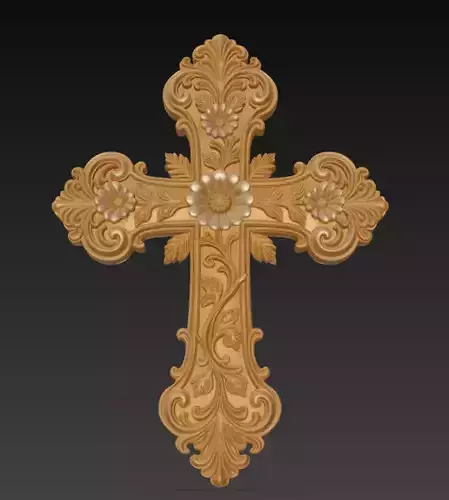 Golden Bloom Cross - Ornamental Floral Religious 3D Model