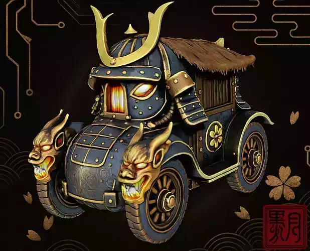 Samurai Fusion Oni Fire Heavy Armored Carriage Highpoly Game