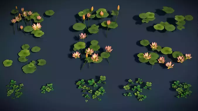 Floralis Stylized Water Lilies Floating Clovers Plants Pack Vol2