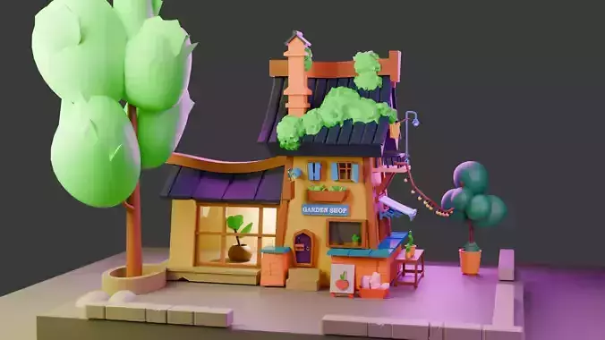 Low Poly Stylized Garden Shop House