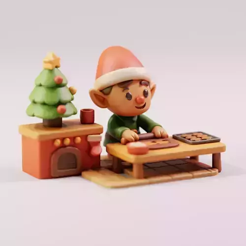 Elf Making Cookies - Christmas Scene