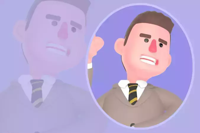 Stylized 3D Male Lawyer Pointing Up - Cartoon Attorney