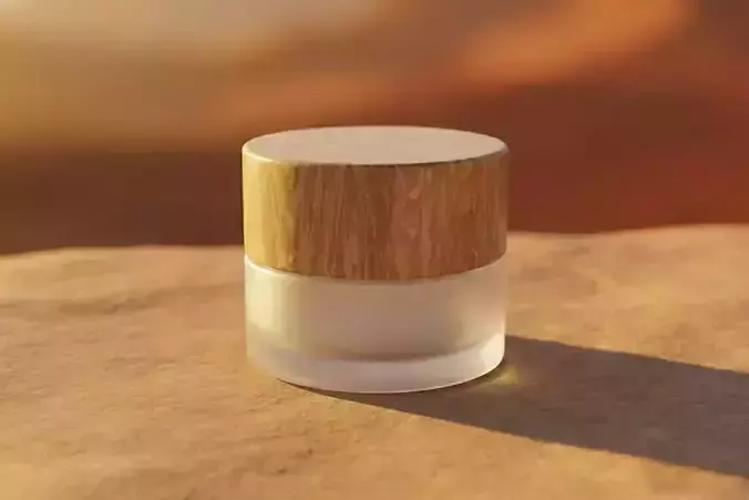 Realistic Frosted Glass Cosmetic Jar Model with Wooden Lid