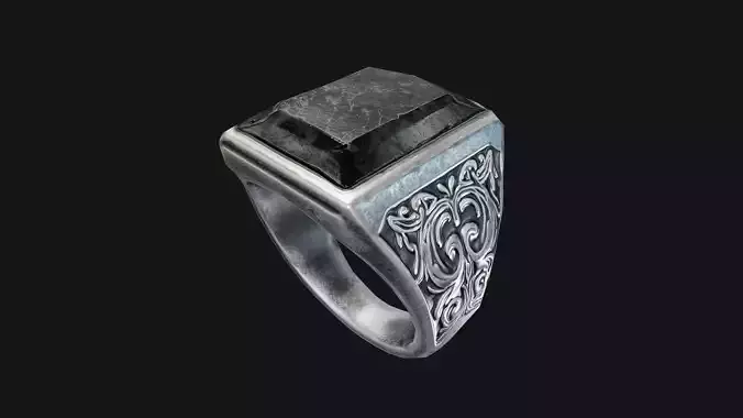 Ornate Silver Signet Ring 3D Model Game-Ready 