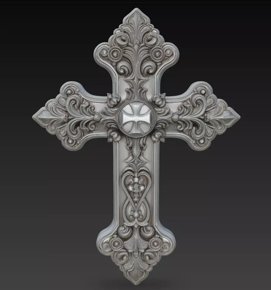 Baroque Silver Cross - Ornamental Religious Sculpture 3D Model 3D print model
