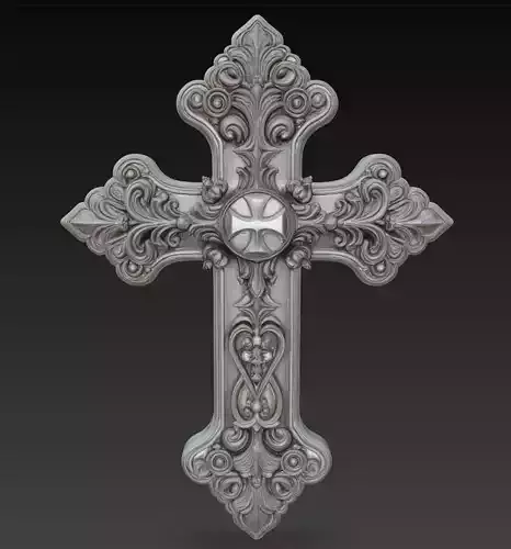 Baroque Silver Cross - Ornamental Religious Sculpture 3D Model