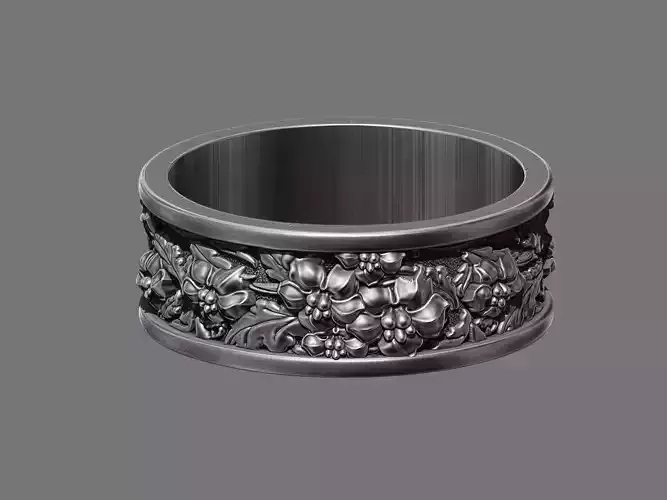 Floral holly bush wedding band ring