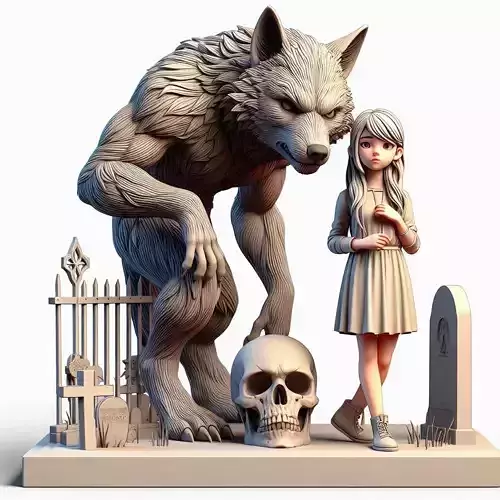 3050Colorful 3D Model of Confused Werewolf and Brave Girl