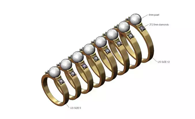 Diamond sides 6mm pearl setting ring US sizes 5to12