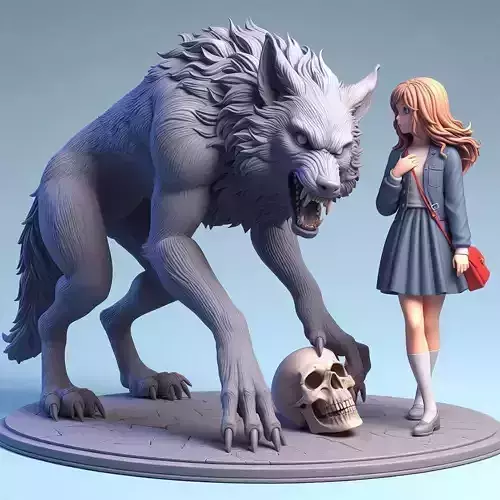 3051Colorful 3D Model of Confused Werewolf and Brave Girl