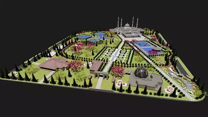 Large Mosque Garden Environment City Park 3D Scene