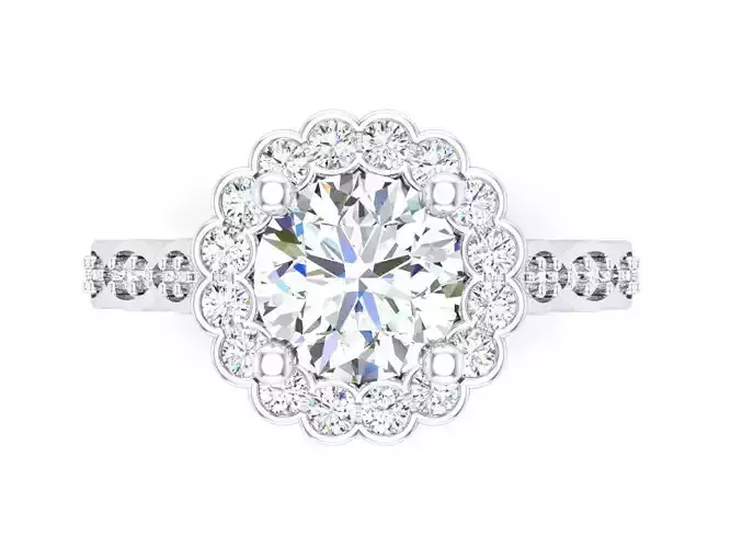 Round Diamond Solitaire With Flower Shape Halo and Band 3dm