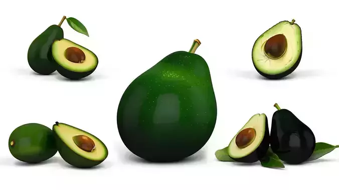 Fresh Green Avocado - Whole and Cut with Core - High Poly 3D print model