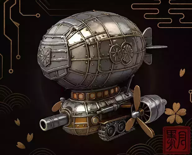 Samurai Fusion Airship Armored Japanese Sky Vessel Highpoly Game
