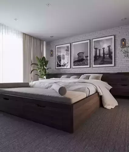 White Brick Bedroom 3d Scene