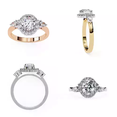 Oval Halo Three-Stone Ring CAD Model STL and 3DM Files