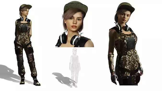 Stylized Female Character in Gold Streetwear Outfit