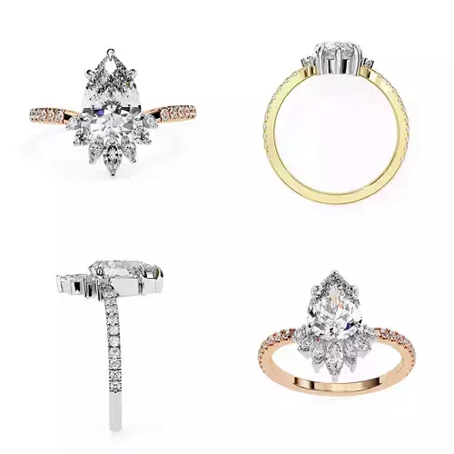 Premium Pear Shape Floral Diamond Ring STL and 3DM Files 