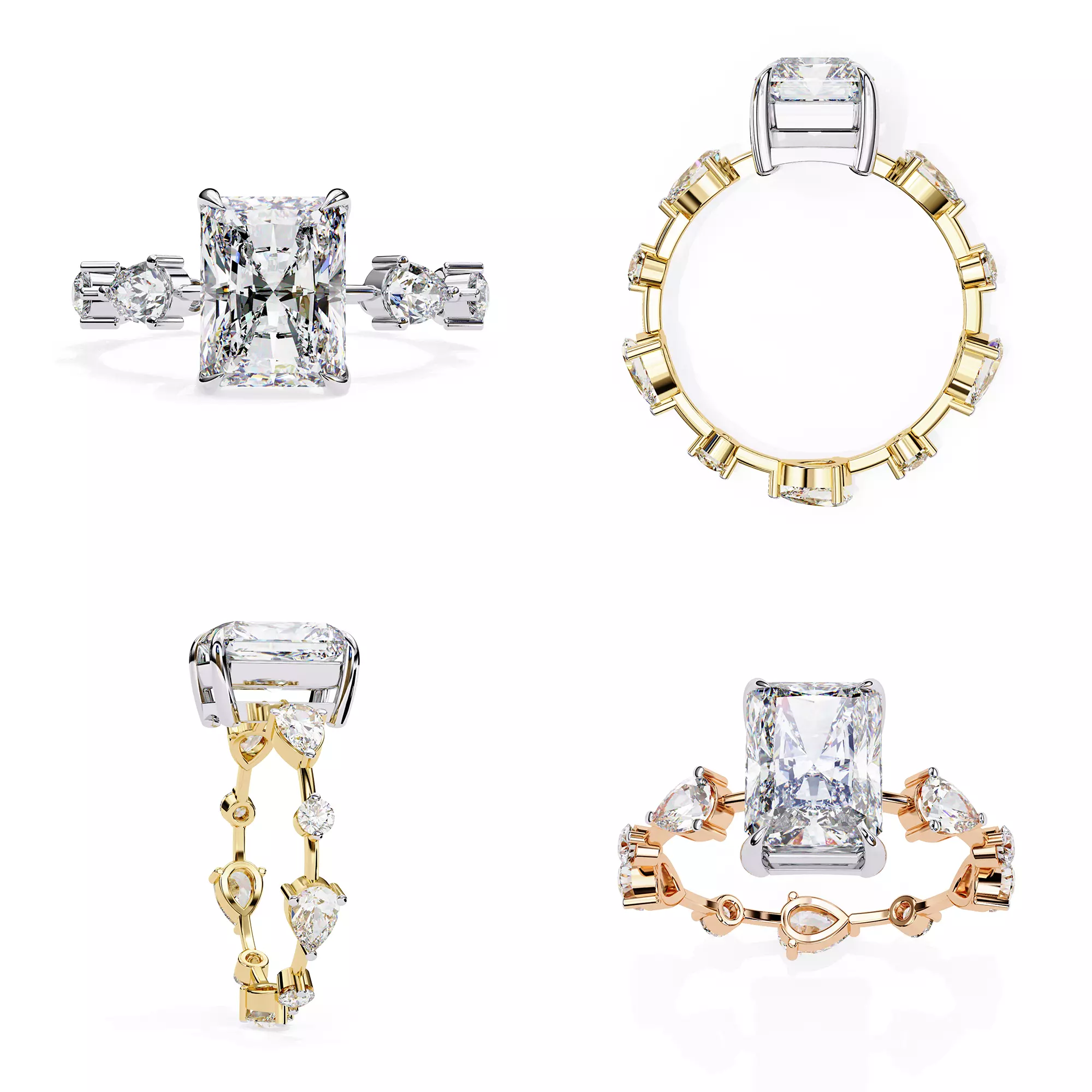 Radiant Cut Engagement Ring CAD Model 3DM and STL files 3D print model