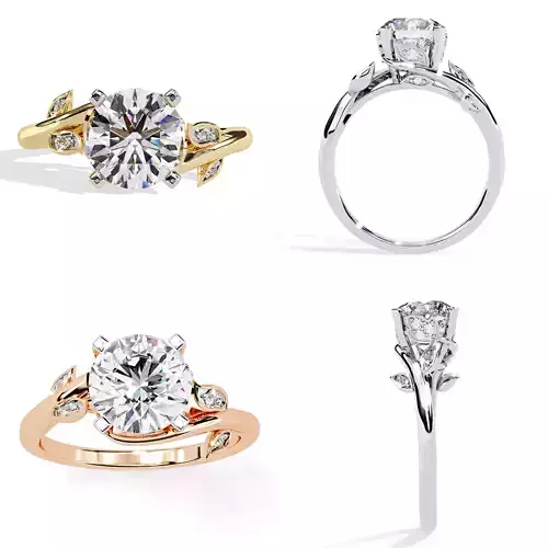 Leaf Side-Stone Solitaire Ring STL and 3DM CADfiles