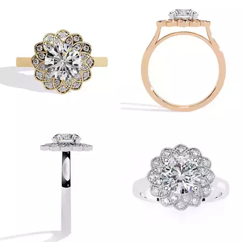 Lotus Floral Halo Engagement Ring STL and 3DM CAD file