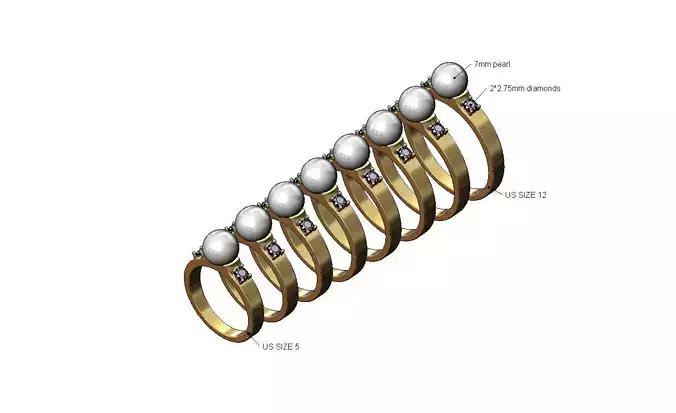 Diamond sides 7mm pearl setting ring US sizes 5to12