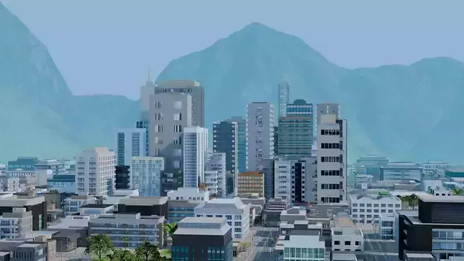 City Downtown Skyscraper Street Mountain Landscape 17 - DAY Low-poly 3D model 2