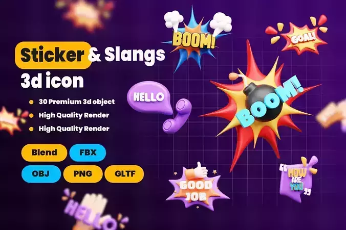 Colorful Sticker and Slang 3D Icon  Trendy Fun Expression Pack