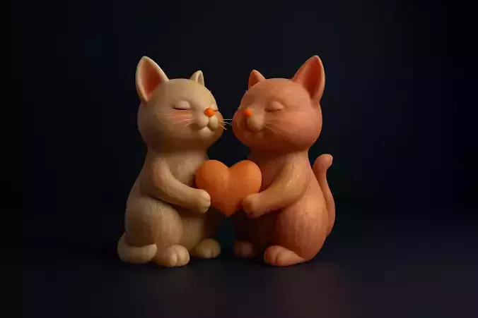 Cute Valentine Cat Couple Holding Heart Romantic 3D print model