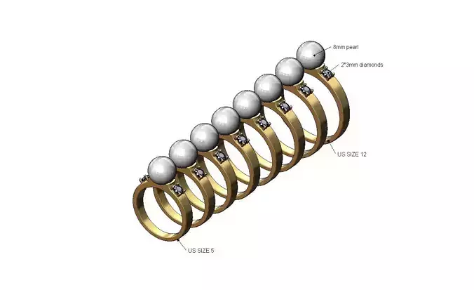 Diamond sides 8mm pearl setting ring US sizes 5to12