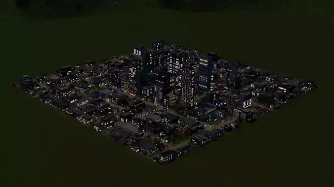 City Downtown Skyscraper Street Mountain Landscape 17 - NIGHT Low-poly 3D model 3