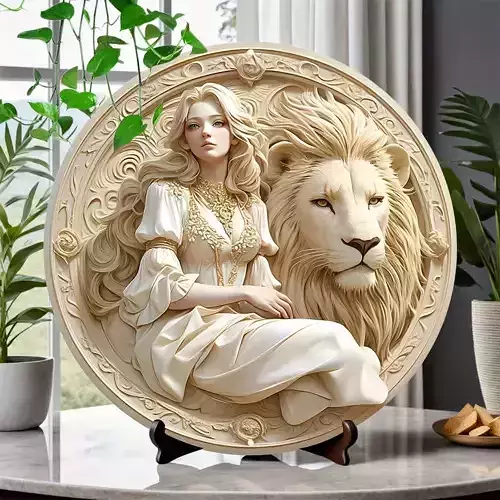 Lion Guardian Relief - Mythic Woman and Beast Sculpture 3D Model