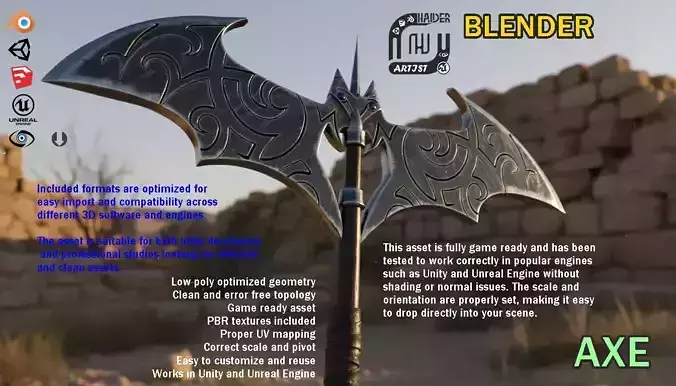 Fantasy Double Blade Axe Weapon Low-poly 3D model