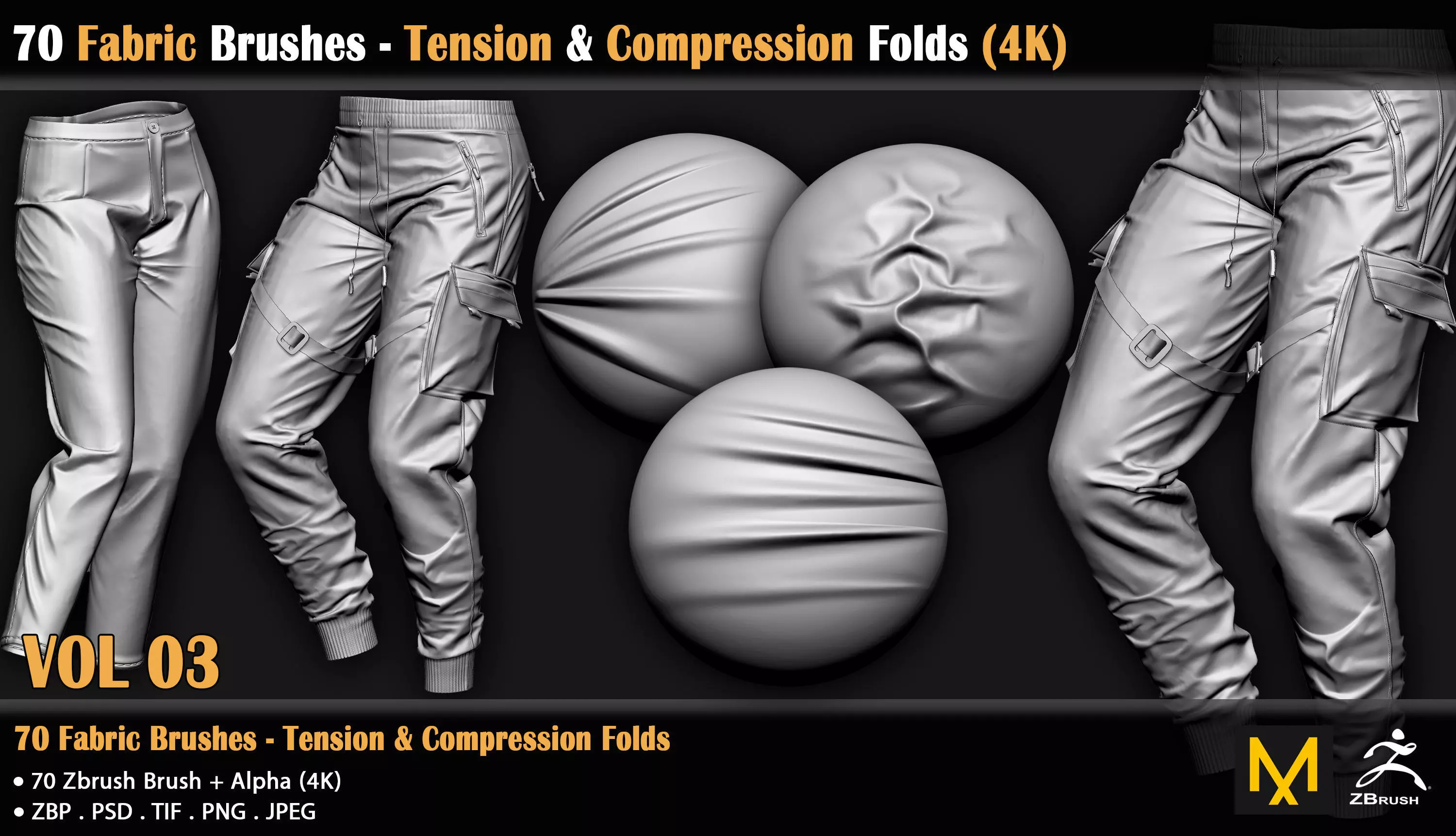 70 Fabric Brushes - Tension and Compression Folds - 4K 3D model