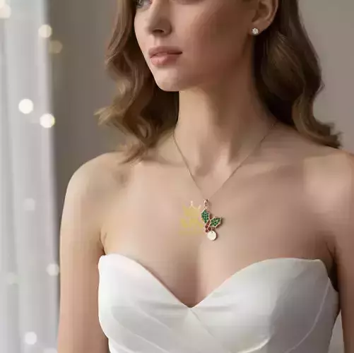 Holly Christmas Pendant Necklace with Rose Gold and Gemstones