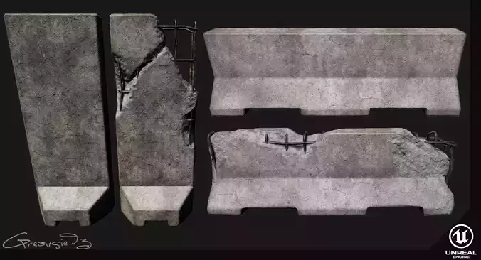 Low Poly PBR Concrete Barrier and Blast Wall Pack Low-poly 3D model