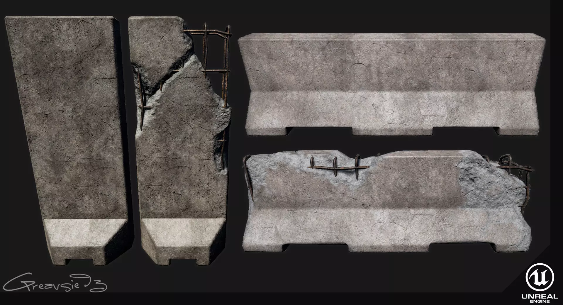 Low Poly PBR Concrete Barrier and Blast Wall Pack Low-poly 3D model_0