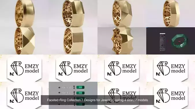 Faceted Ring Collection 7 Designs for Jewelry Casting 4 size