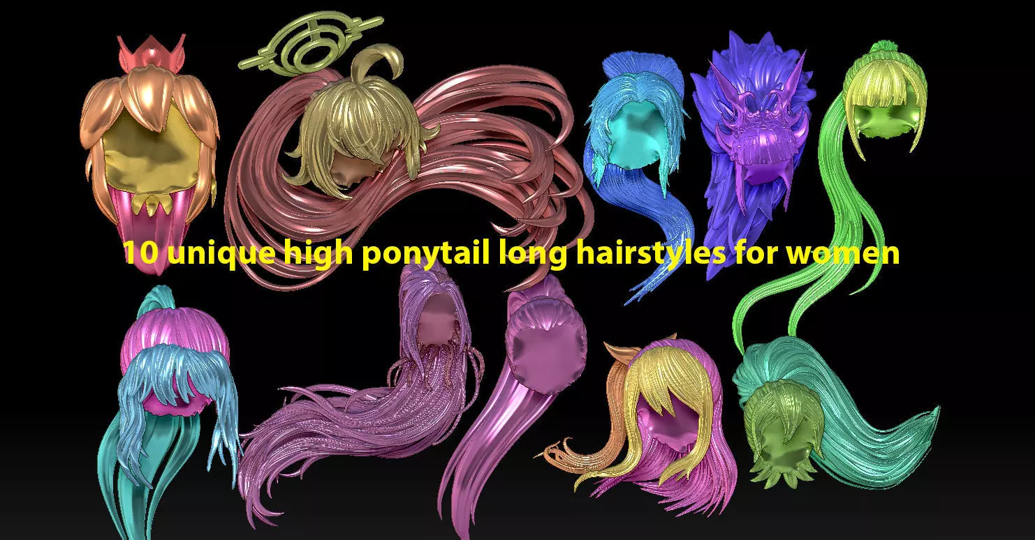 10 unique high ponytail long hairstyles for women 3D print model