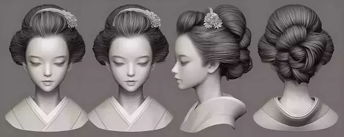 Japan female head girl avatar hair sculpture detail character