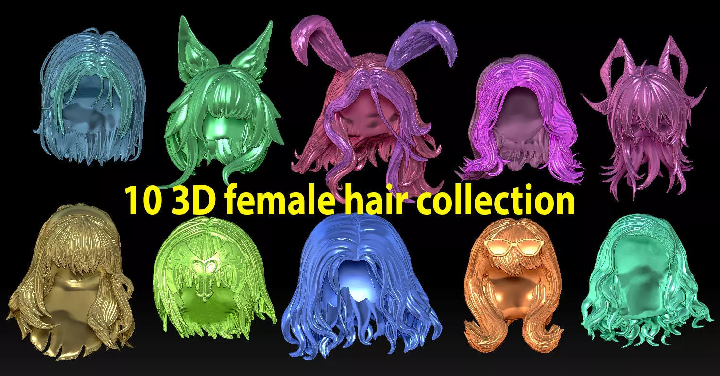10 3D female hair collection 3D print model
