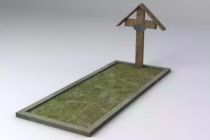 Grave 1 Game Ready Low Poly grassy area with wooden cross Low-poly 3D model