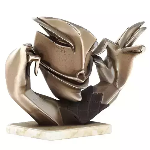 Abstract Bronze Sculpture of Stylized Face and Hands