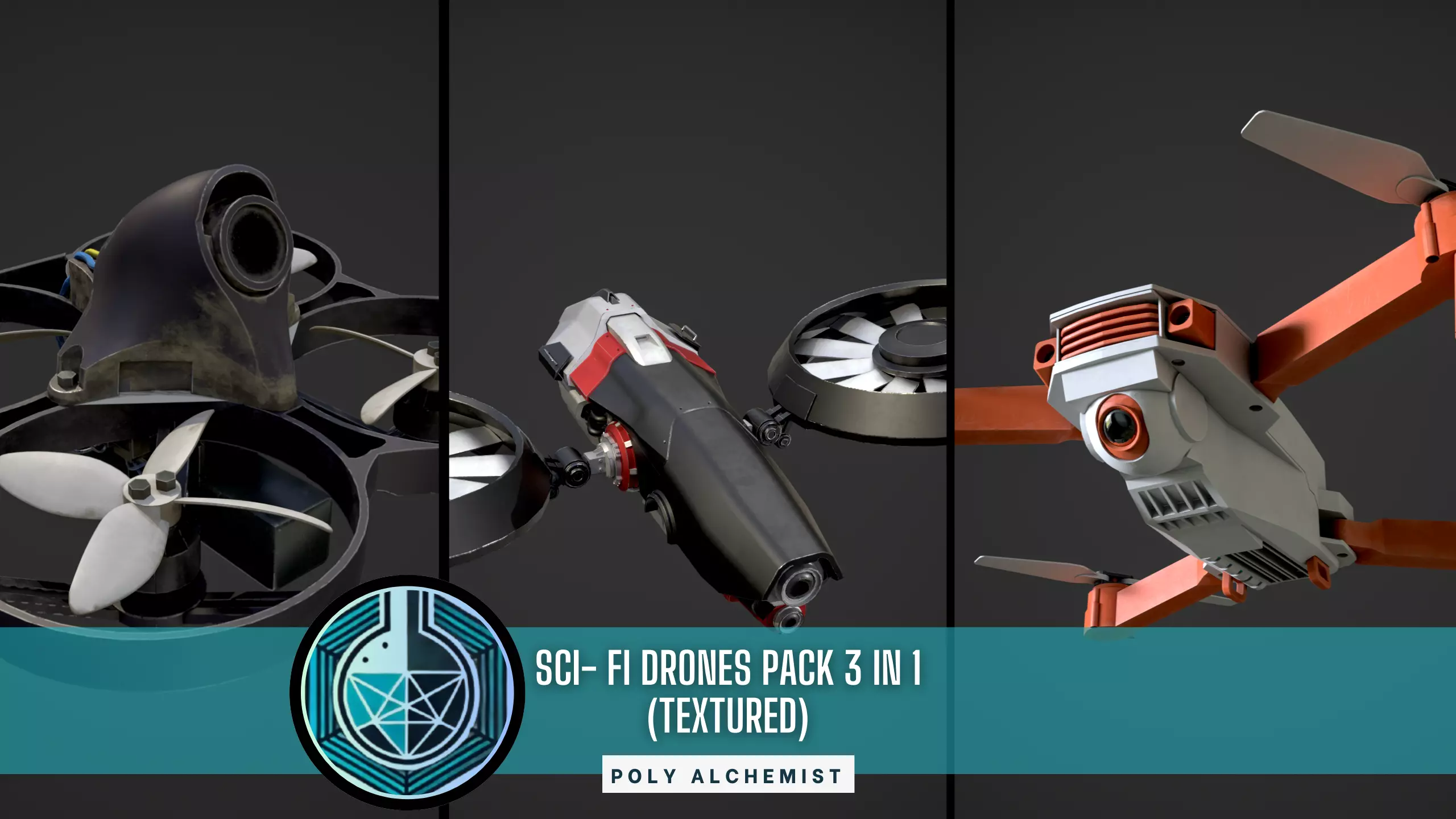 Sci- Fi Drones Pack 3 In 1 Low-poly 3D model