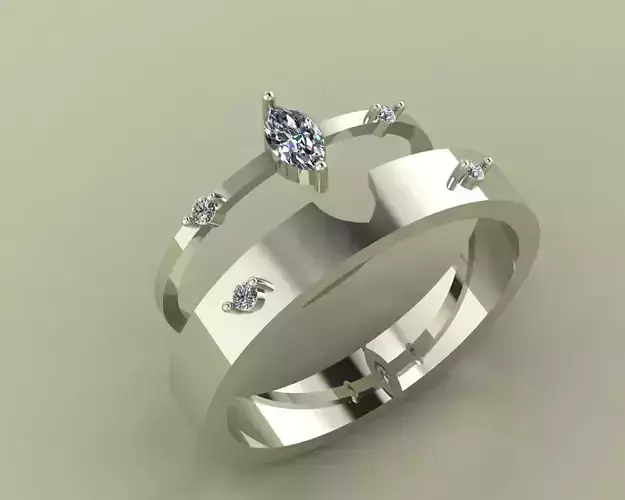 Marquise Diamond Couple Ring Set Wedding Band 3D Print