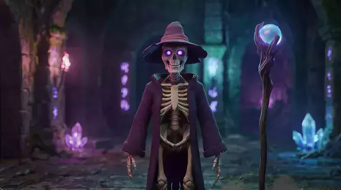 Low Poly Necromancer Skeleton Rigged and Staff Included