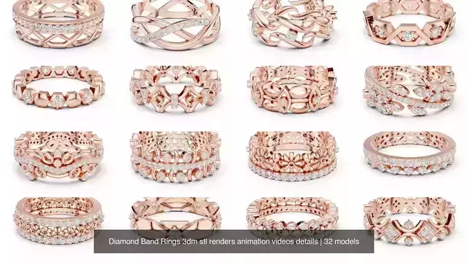 32 Diamond Band Rings 3dm stl renders animation videos details