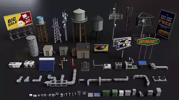 Realistic Exterior City Street Props Mega Pack Collection 3D model 4