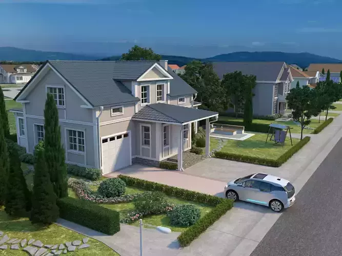 Suburban residential scene villa house Low-poly 3D model