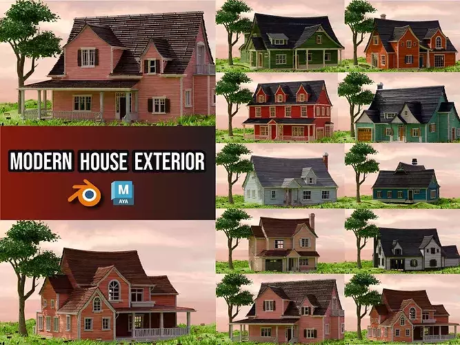 American Cottage Houses Pack - Low Poly PBR Game-Ready